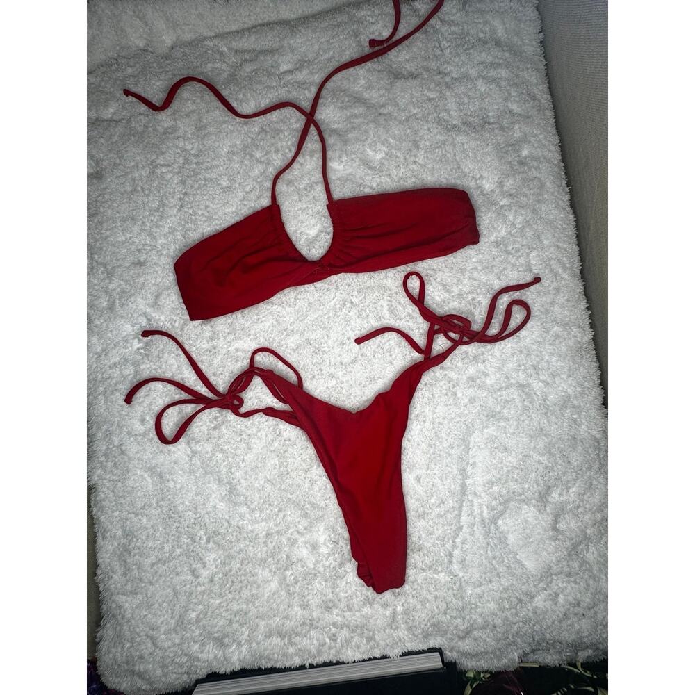 Deep Red Ruched Bandeau/ Halter & Side-Tie Bikini - Small